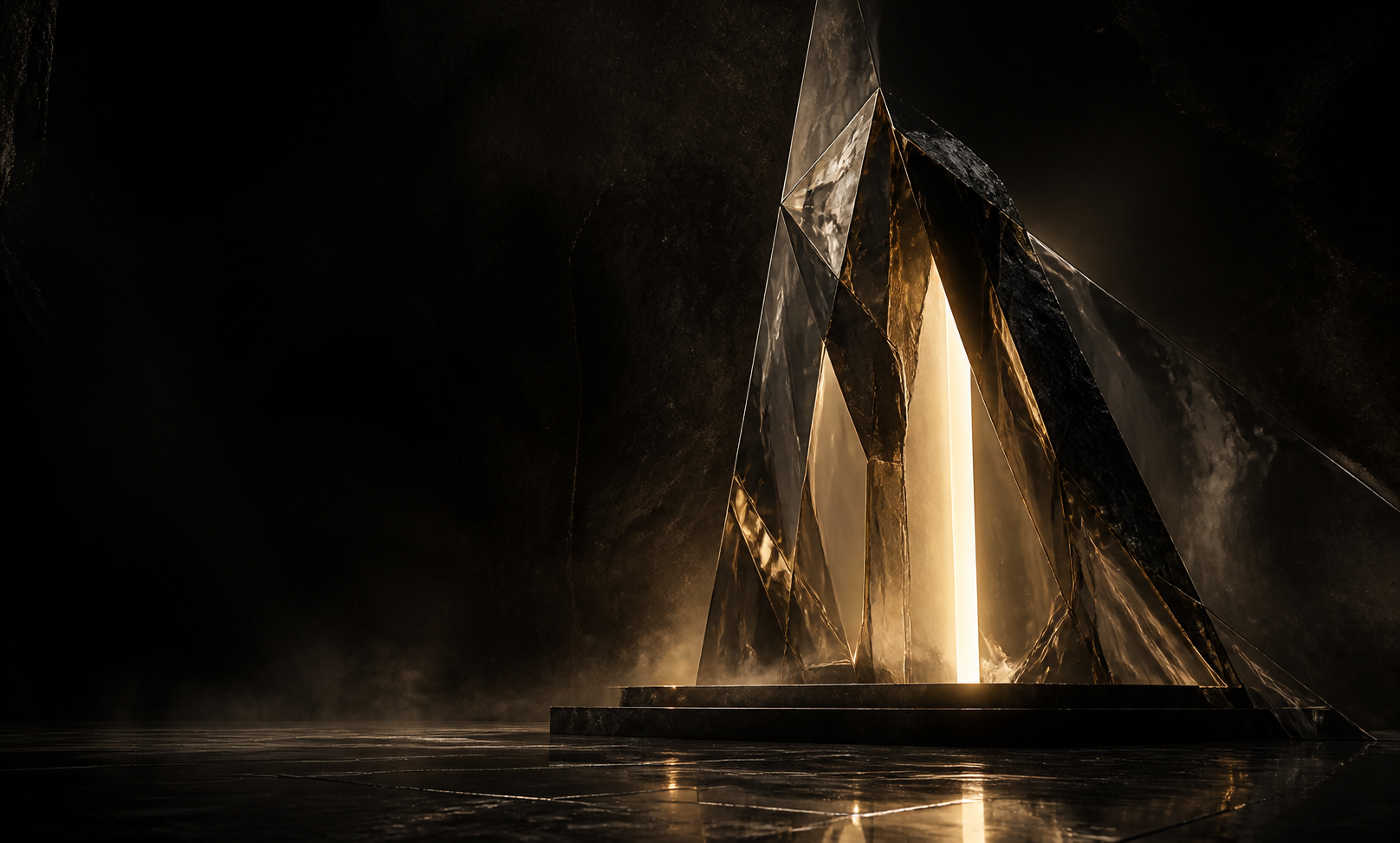 Seuil abstrait NOVA LUXE en verre fumé, obsidienne et lumière champagne